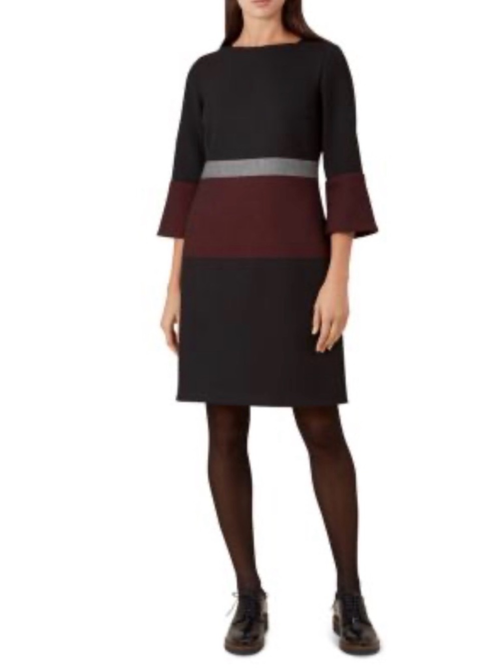 Hobbs London Colorblock Shift Dress with Bell Sleeves in Black and Burgundy